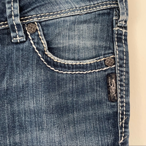 Silver Denim Jeans Embroidered Embellished White Thread Suki Bootcut Size 29x30 - Picture 3 of 14